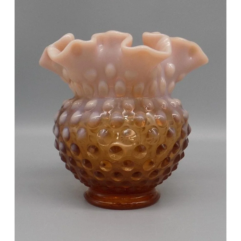 Vintage Fenton Caramel Rose Brown Hobnail Bowl Vase Signed Milk Glass Peach
